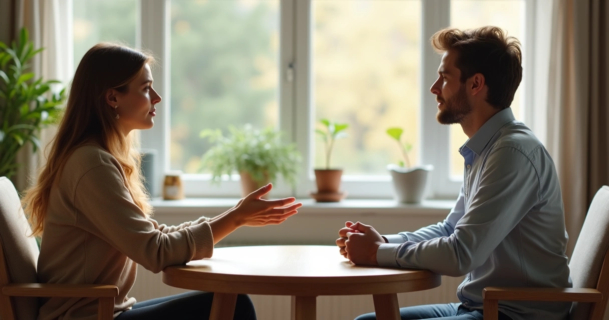 Pareja sentada frente a frente marcando límites sanos con lenguaje corporal tranquilo 
