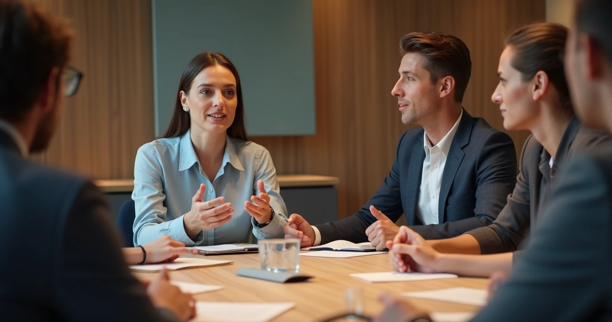 Empleado comunicando límites sanos en reunión de trabajo 