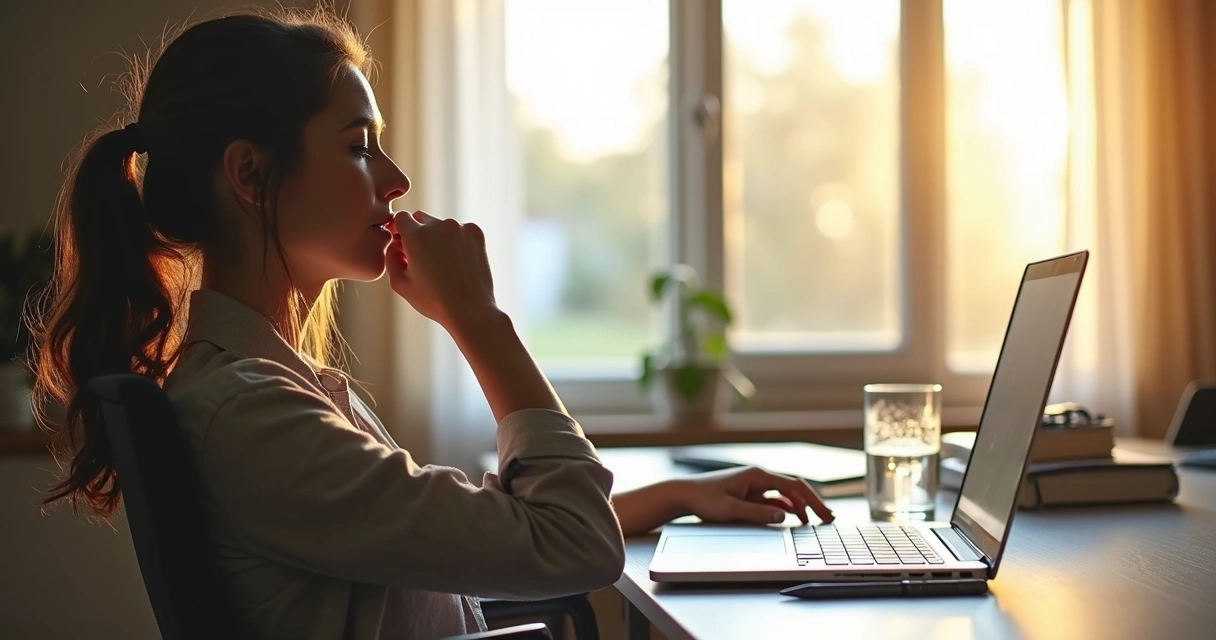 Pessoa fechando notebook e respirando fundo em ambiente de trabalho sereno 