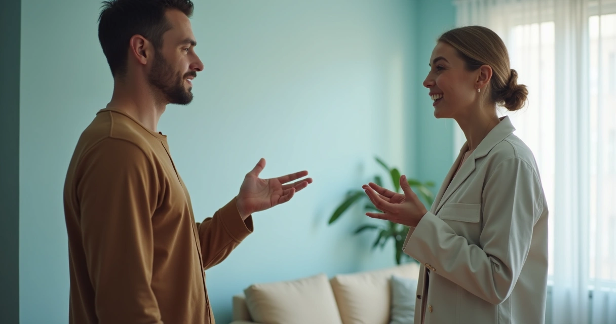 Duas pessoas conversando em uma sala, uma mantendo distância respeitosa, expressando limites saudáveis. 