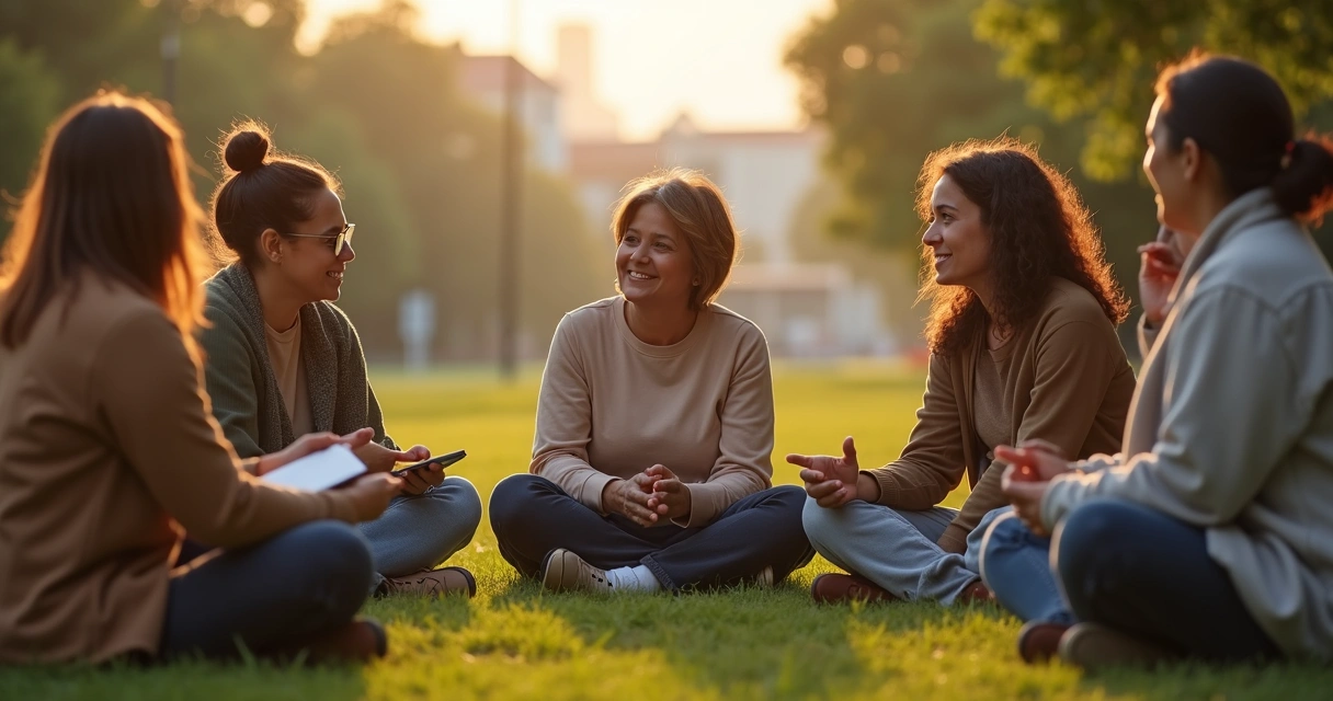 Grupo diverso em roda ao ar livre criando limite saudável com gesto de mãos abertas 