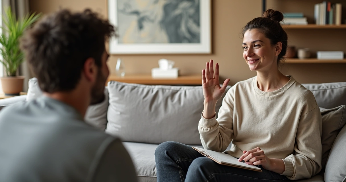 Pessoa adulta séria e acolhedora fazendo gesto de limite com a mão e escutando outra pessoa 