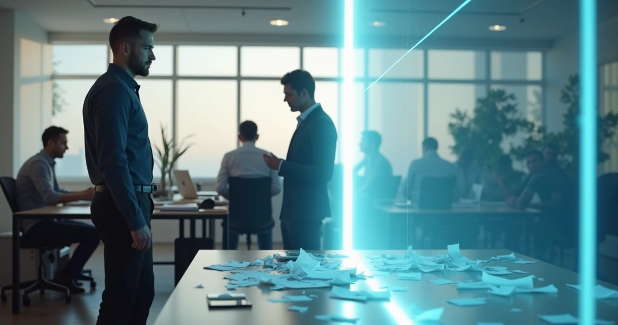 Profissional em escritório traçando limite claro com colega de trabalho 