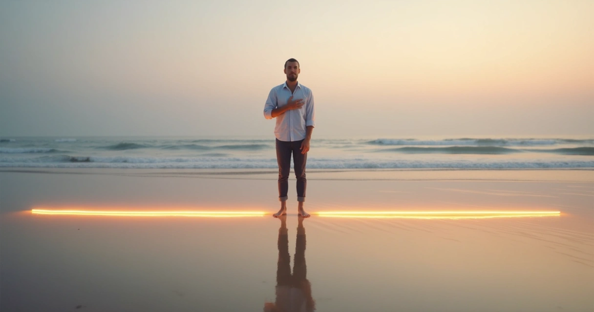 Pessoa em pé diante de linha luminosa traçada na areia 