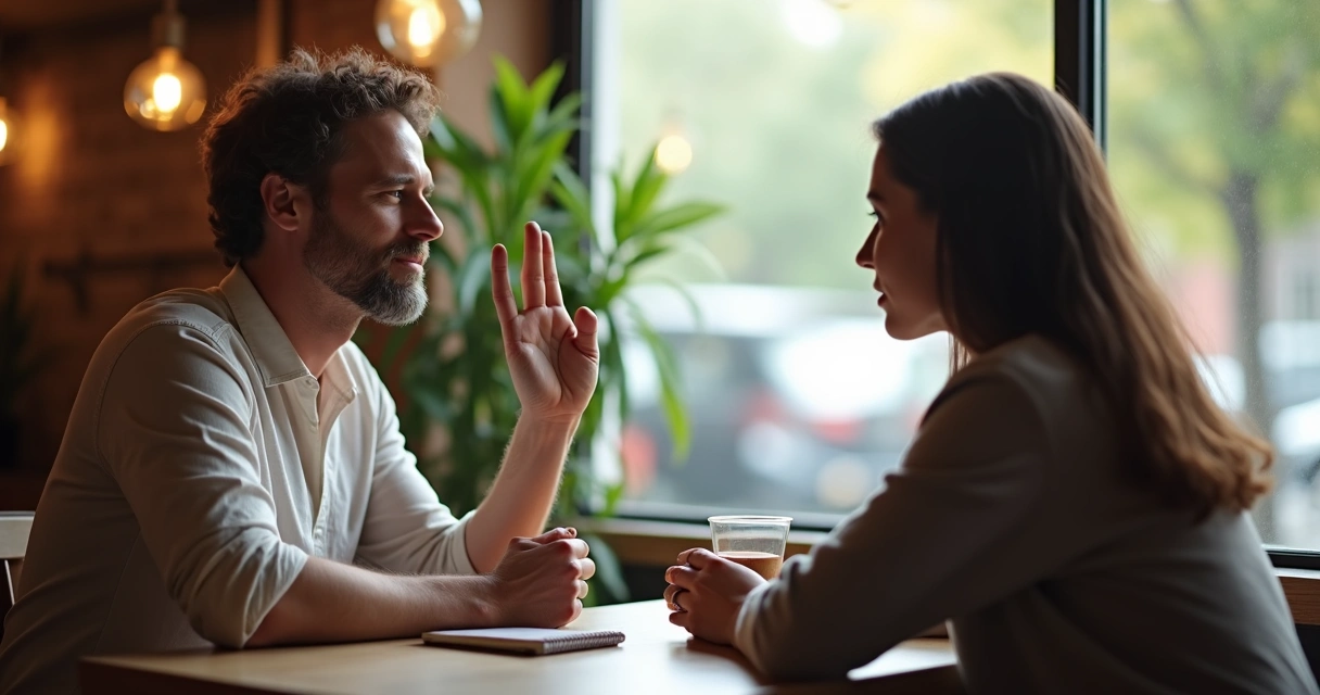 Casal conversando calmamente com gesto de mão indicando limite saudável 