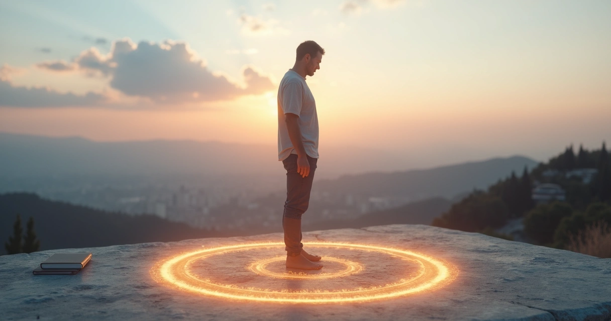 Pessoa traçando uma linha luminosa em volta de si em cenário calmo 