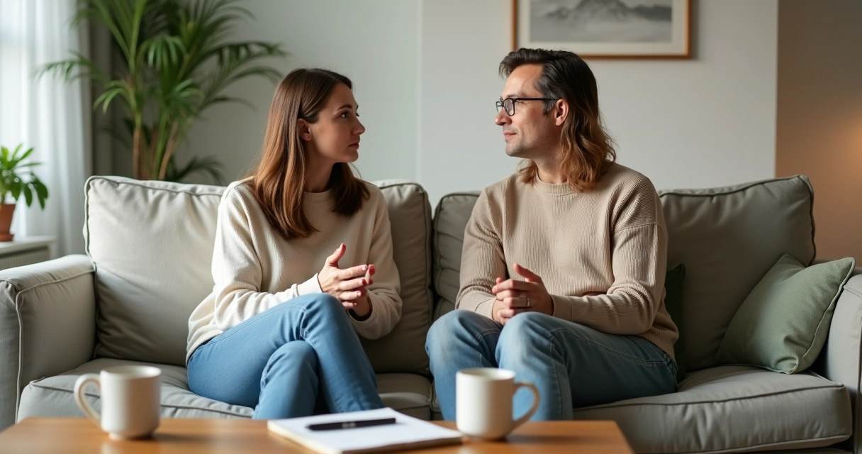 Casal sentado em sofá definindo limites com calma e respeito 