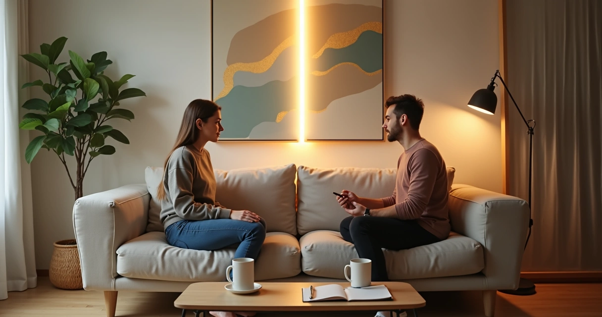 Casal conversando em sofá separado por linha sutil de luz 