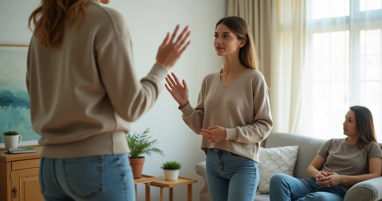 Pessoa adulta em pé com postura tranquila estabelecendo limite saudável em uma conversa presencial 