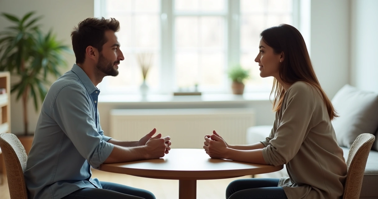 Duas pessoas sentadas frente a frente ajustando limites saudáveis com postura tranquila 