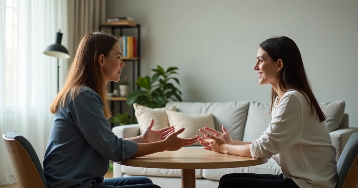 Duas pessoas conversando com respeito mantendo espaço saudável entre elas 