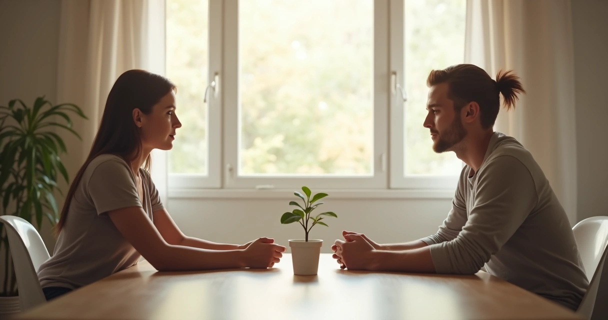 Representação de duas pessoas conversando de frente e estabelecendo limites de forma respeitosa 