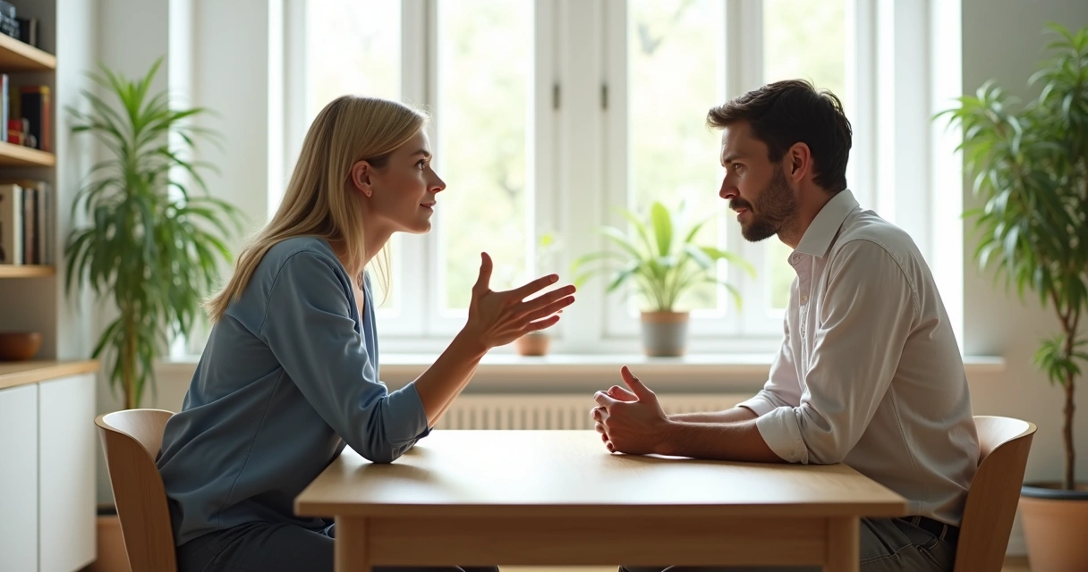 Duas pessoas conversando frente a frente com gesto de mão indicando limite saudável 