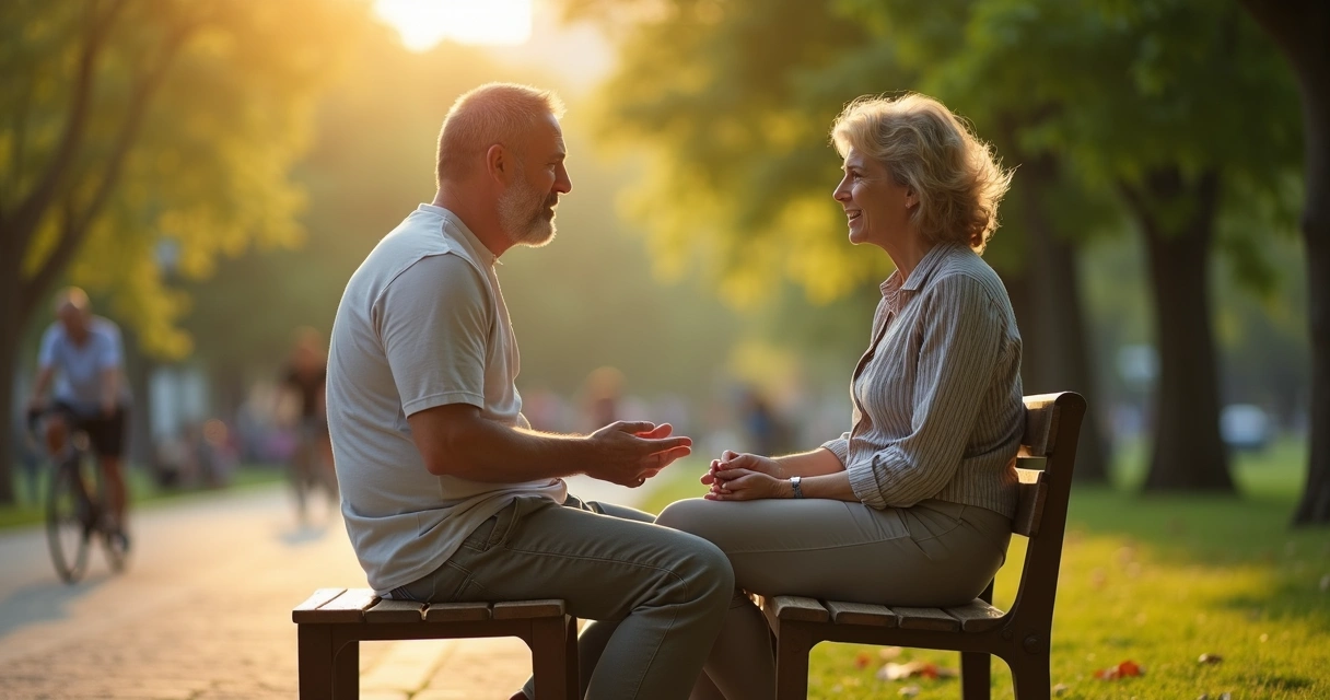 Duas pessoas conversando com calma mantendo distância respeitosa em um parque 