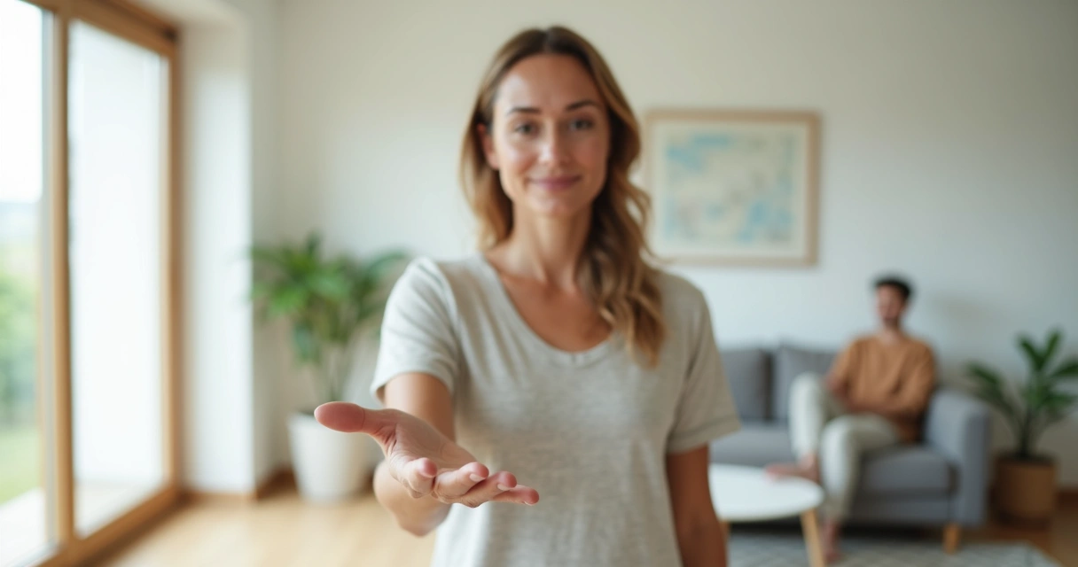 Pessoa em pé com mão estendida em gesto de limite sereno 