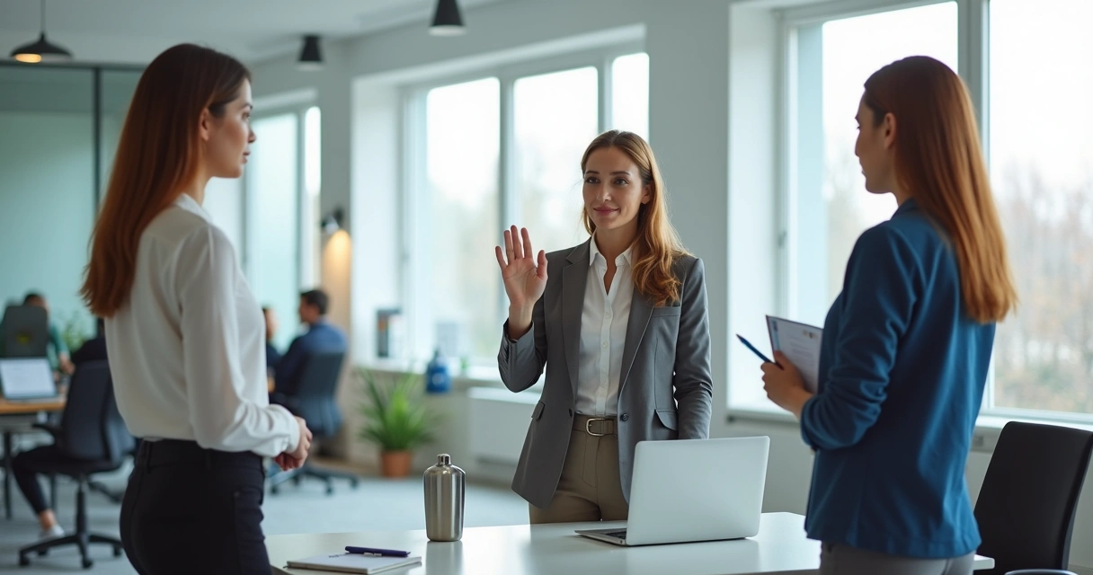 Profissional gesticulando limite com colegas ao redor em escritório moderno 