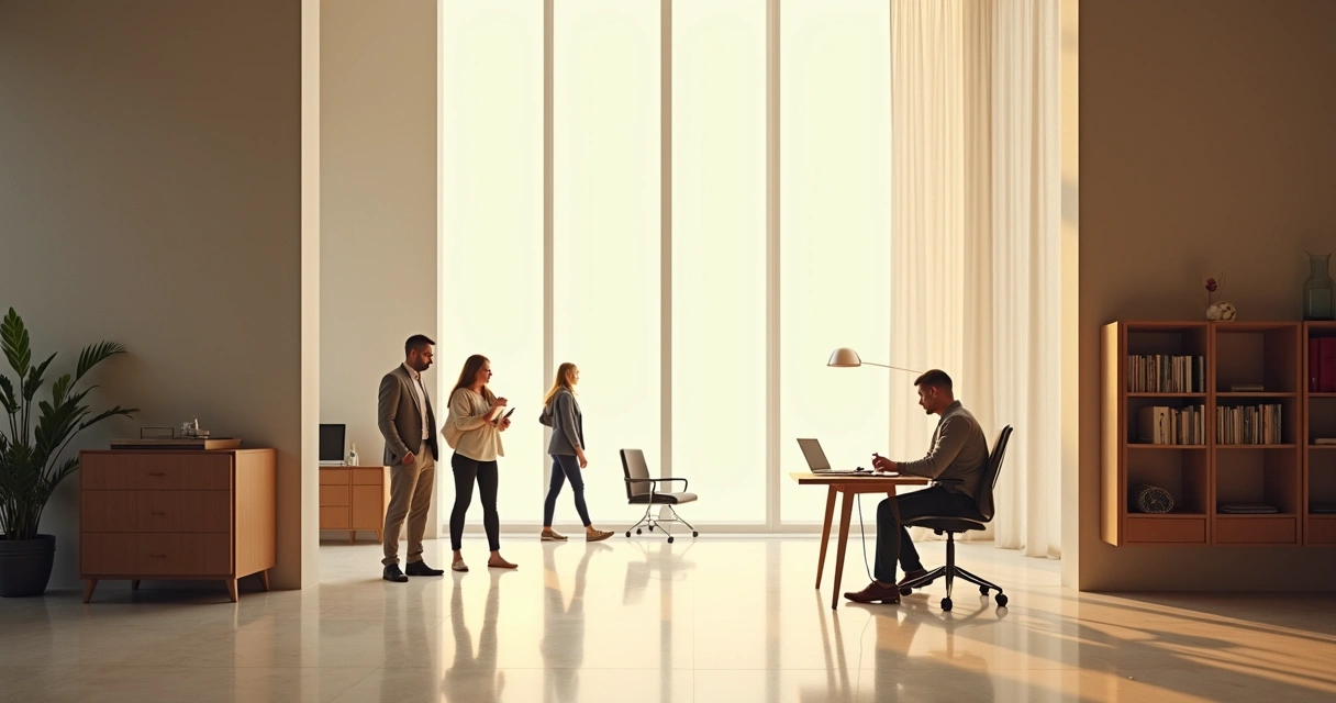 Gestor observando uma linha traçada no chão em um escritório moderno 