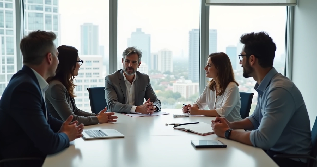 Colegas de trabalho conversam em uma sala de reunião, um deles gesticula ao explicar um ponto, todos atentos e em clima respeitoso