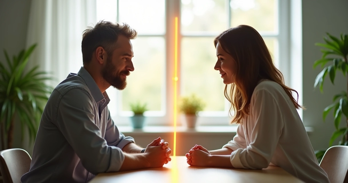 Pessoa com expressão tranquila, braços semiabertos mostrando uma linha entre si e outra pessoa