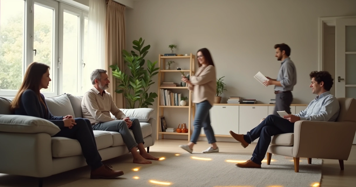 Personas conversando en una sala delimitadas por luz sutil que marca límites espaciales 