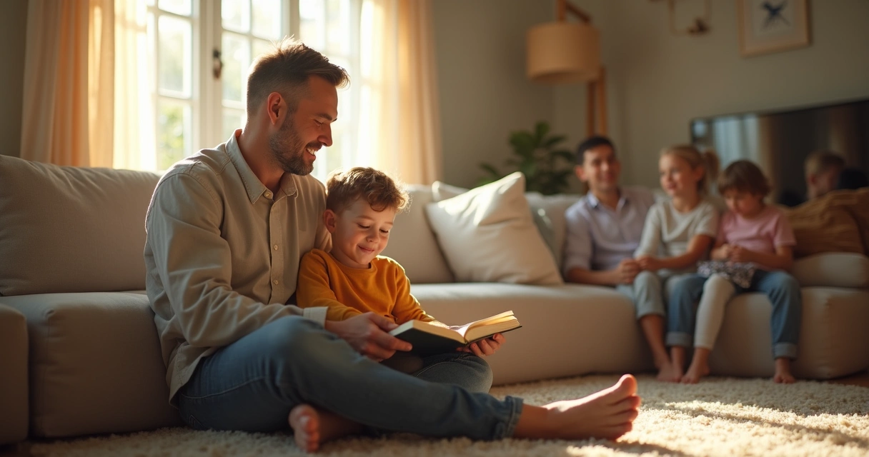 Padre e hijo compartiendo tiempo juntos en la sala con gestos amables 