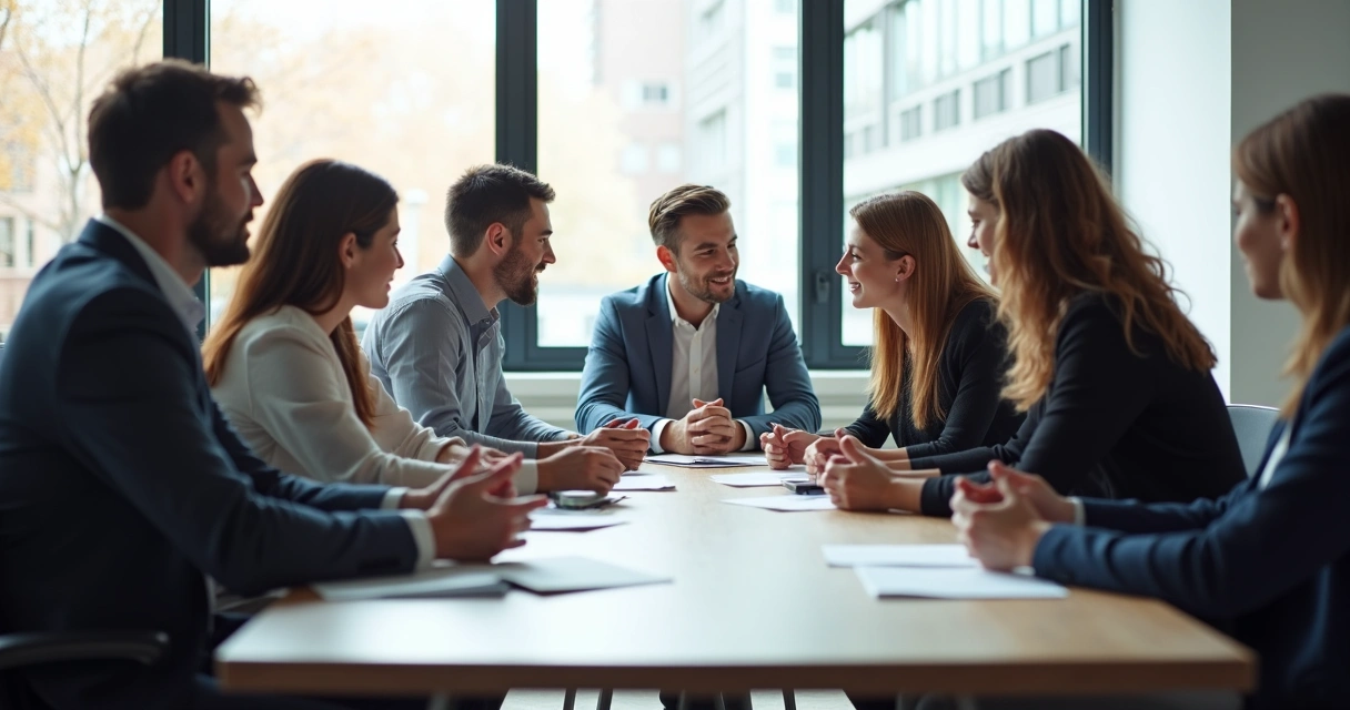 Equipo de trabajo reunido, hablando y compartiendo ideas respetuosamente 
