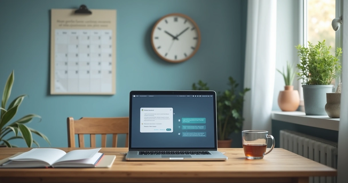 Espacio de trabajo remoto con horarios y pausas visibles 
