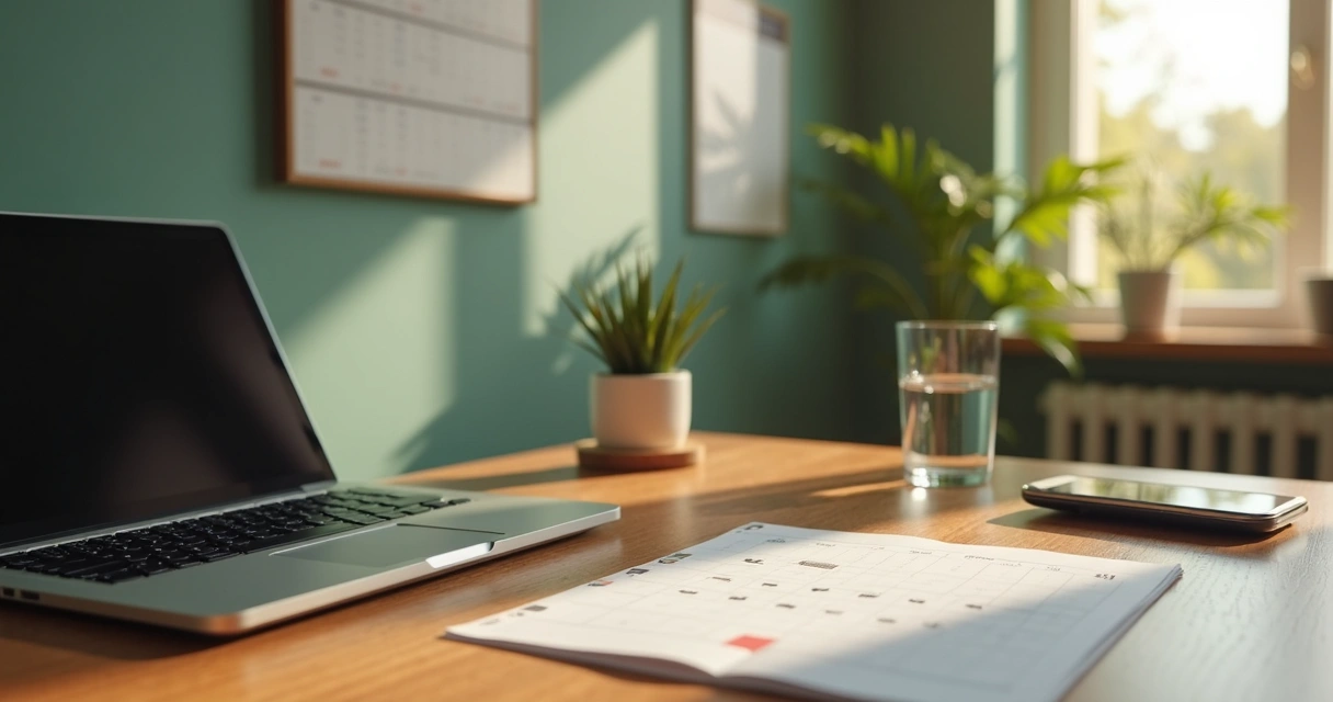 Escritorio en casa con horario de trabajo y pausa visible 