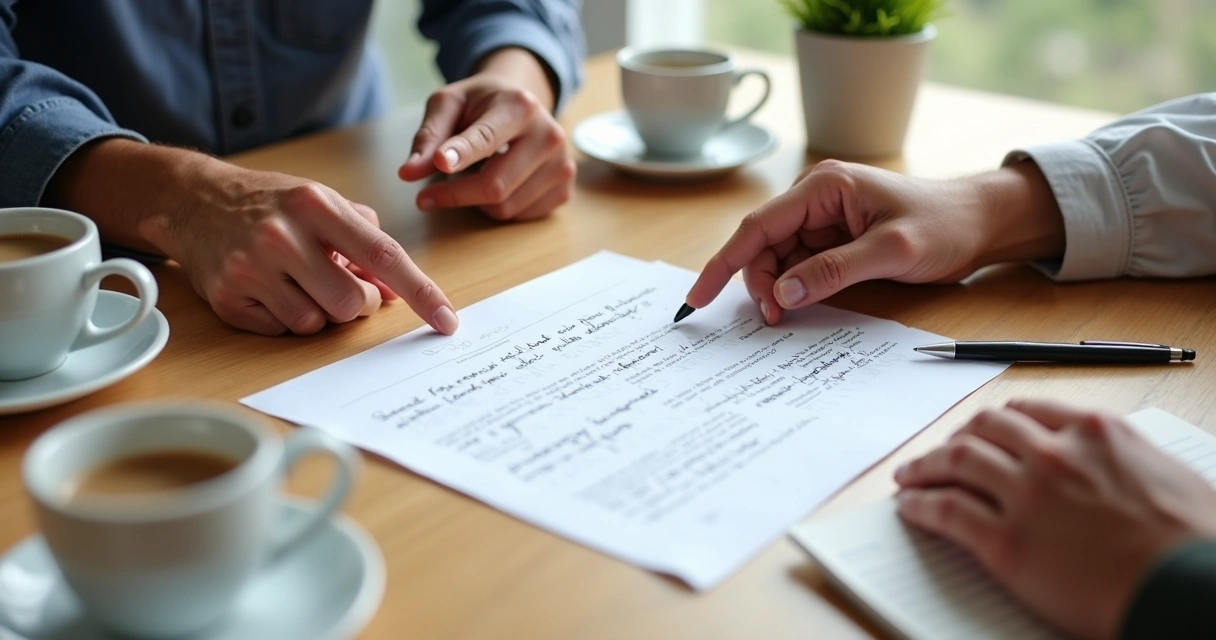 Manos señalando acuerdos escritos en una mesa compartida 