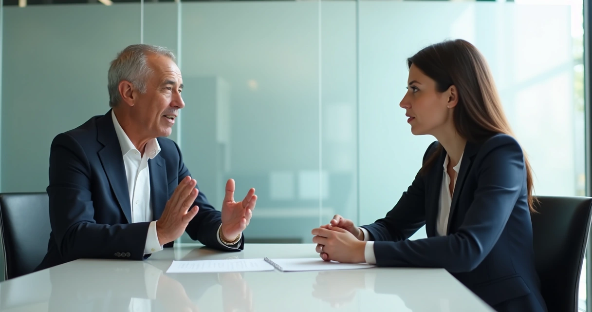 Dos profesionales conversando con firmeza y respeto en una oficina 
