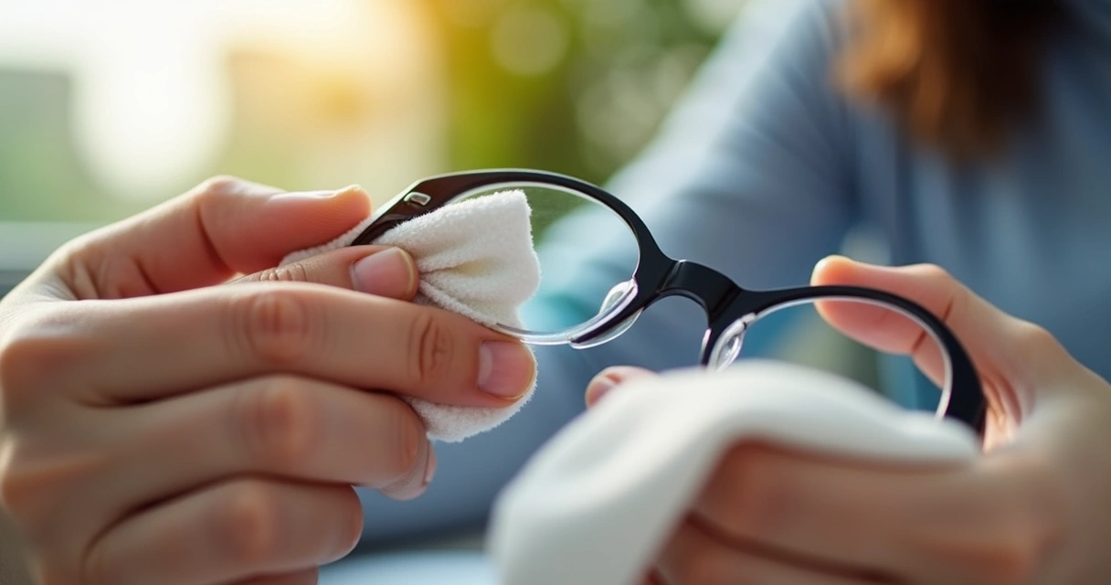 Pessoa usando pano de microfibra para limpar lentes de óculos 