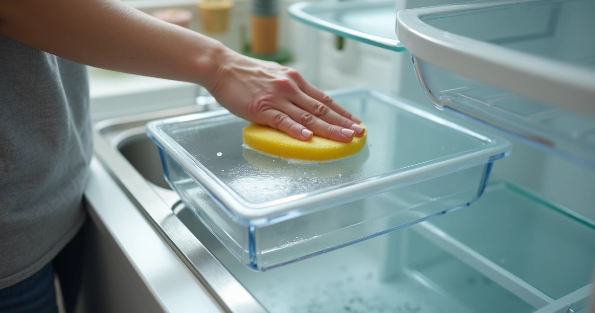 Pessoa limpando prateleira de geladeira removida sobre pia 