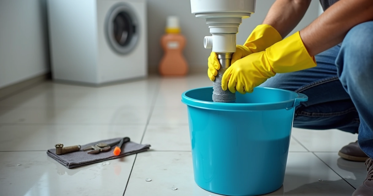 Pessoa a limpar o sifão do tanque de roupa com balde e luvas de proteção 