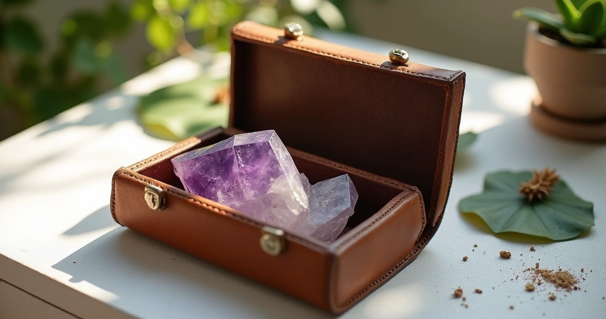 Cristal sobre bolsa de couro servindo para limpeza energética 