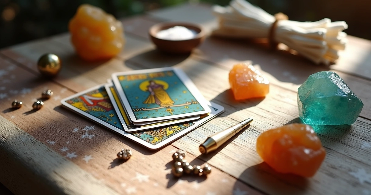 Vários acessórios esotéricos limpos sobre uma mesa de madeira