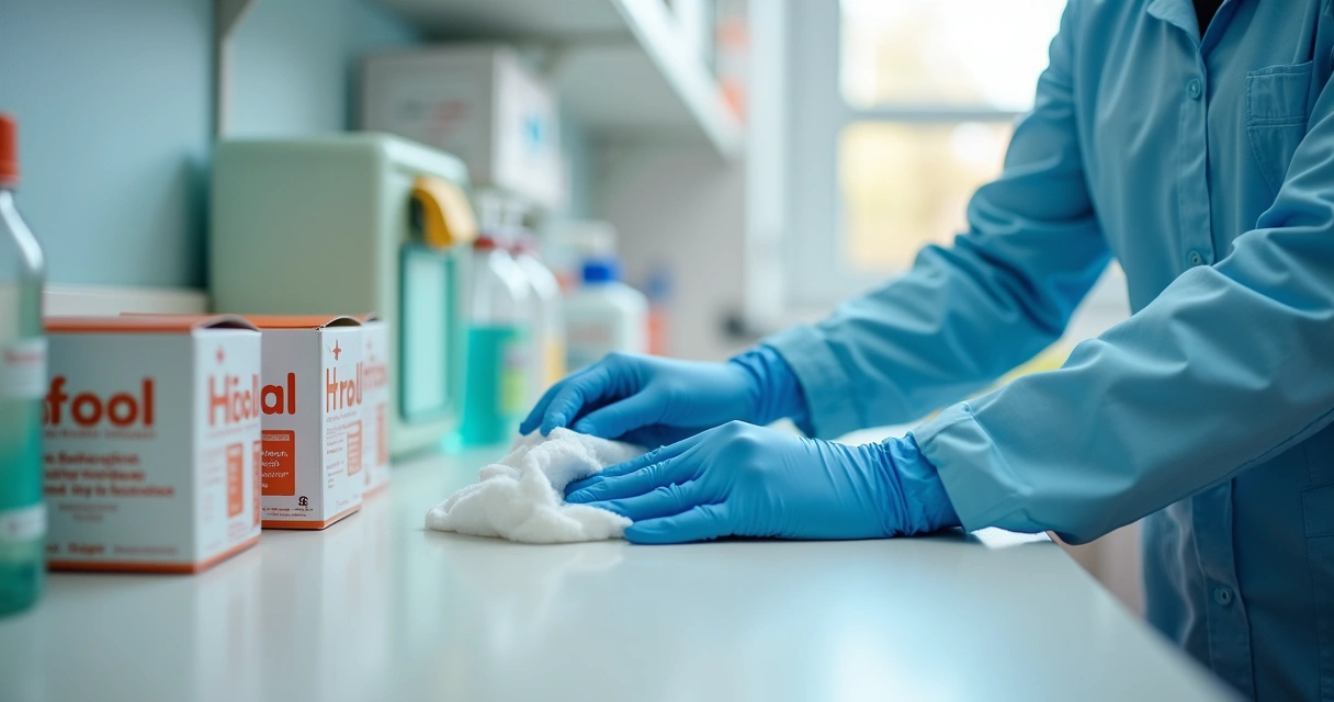 Profissional limpando orquidômetro na bancada de enfermagem 