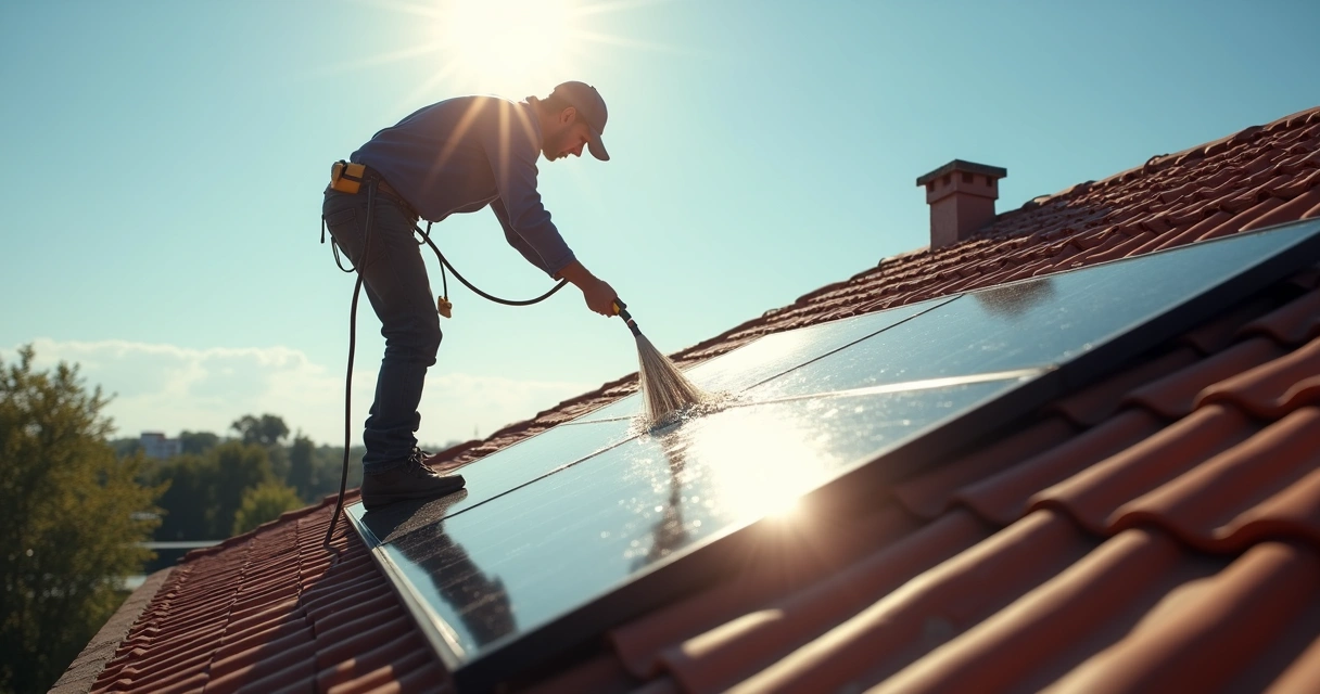 Pessoa tentando limpar placa solar sem equipamento adequado.