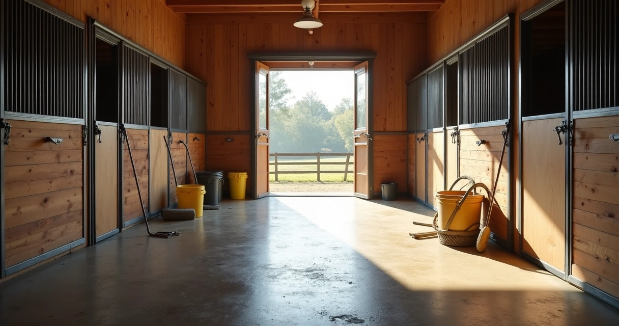 Piso de baia limpo e seco após higienização, com utensílios de limpeza encostados na parede.