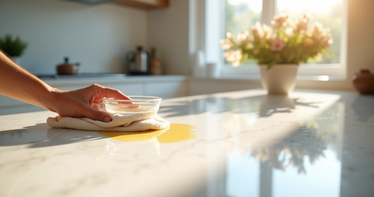 Pessoa limpando bancada branca de quartzo com pano e recipiente de limpeza 