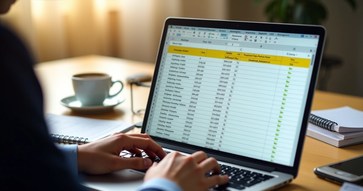 Profissional ajustando planilha de contatos no notebook 