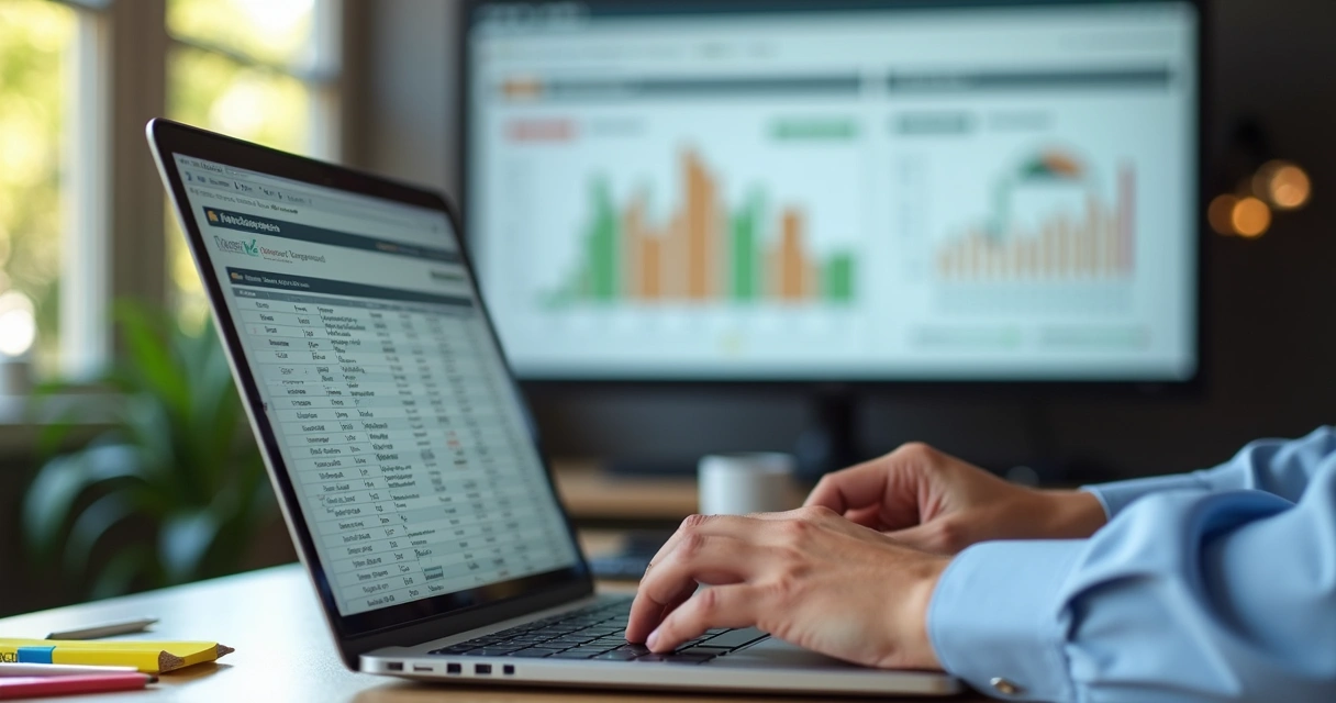 Analista organizando uma planilha de dados em um laptop 