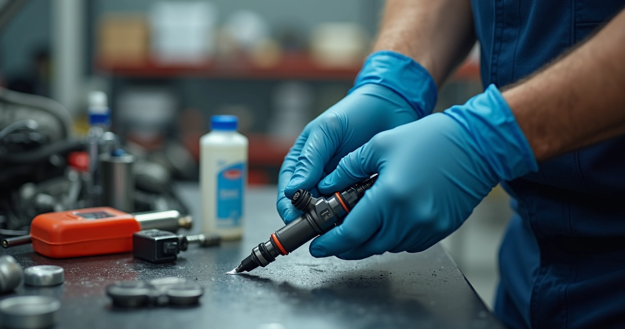 Técnico limpando bico injetor em bancada 