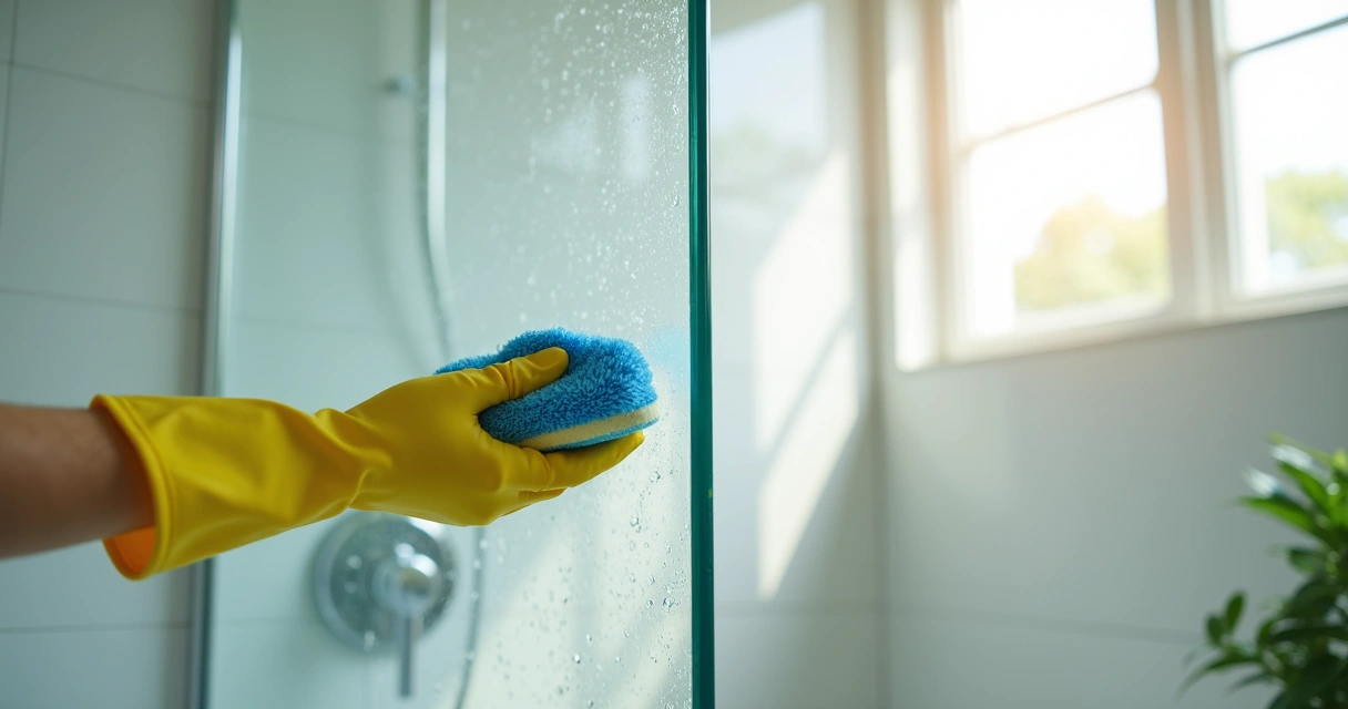 Pessoa limpando o box do banheiro com uma esponja 