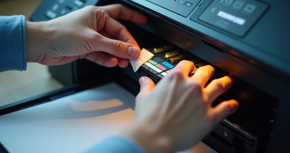 Pessoa limpando o cabeçote de uma impressora 