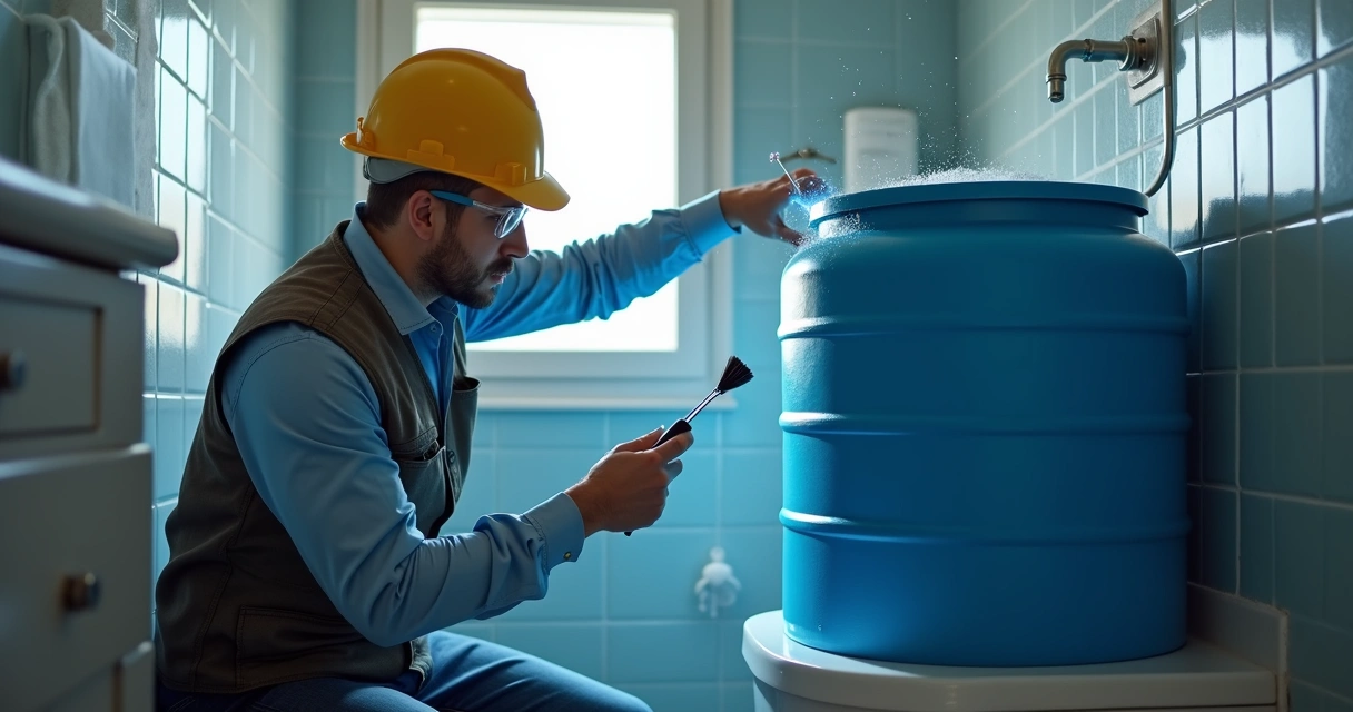 Técnico limpando caixa d’água residencial durante inspeção 