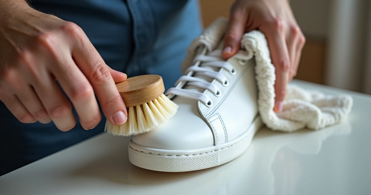 Pessoa limpando tênis branco com pano e escova macia 