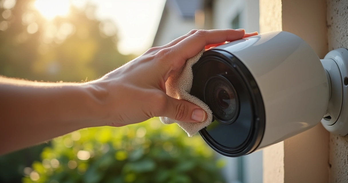 Pessoa limpando lente de câmera de segurança