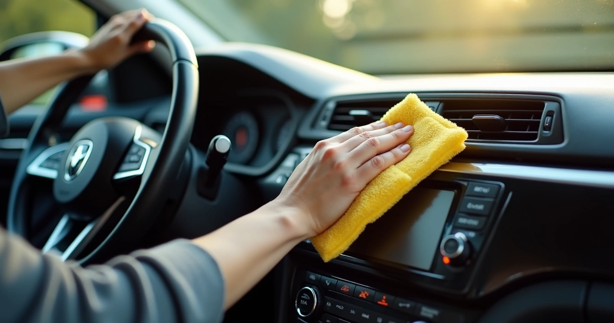 Pessoa limpando painel de carro com pano de microfibra 