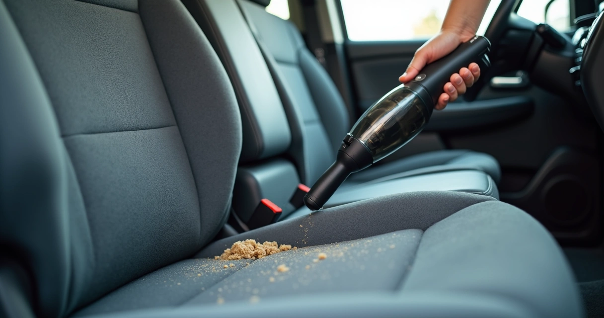 Pessoa limpando o estofado do carro com aspirador portátil 
