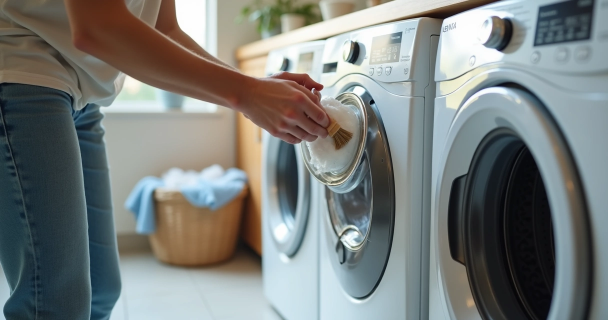 Pessoa limpando compartimento de sabão da lava e seca 